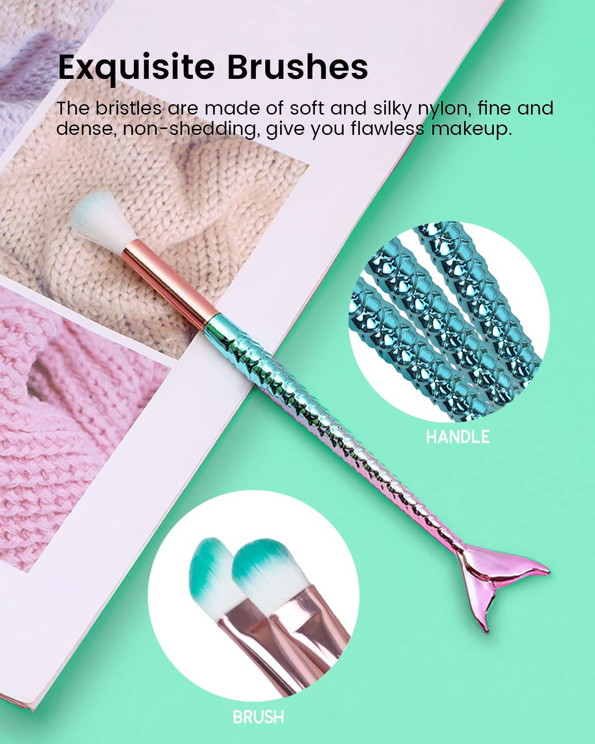 Mermaid Makeup Brushes Set with Bag Citicolor Chubby Fish Foundation Brush 11pcs Soft Nylon Bristles Beauty Make Up Kits, Blending Blush concealer Eye Face Lip Cosmetic Tools (Mermaid Shape 11pcs)