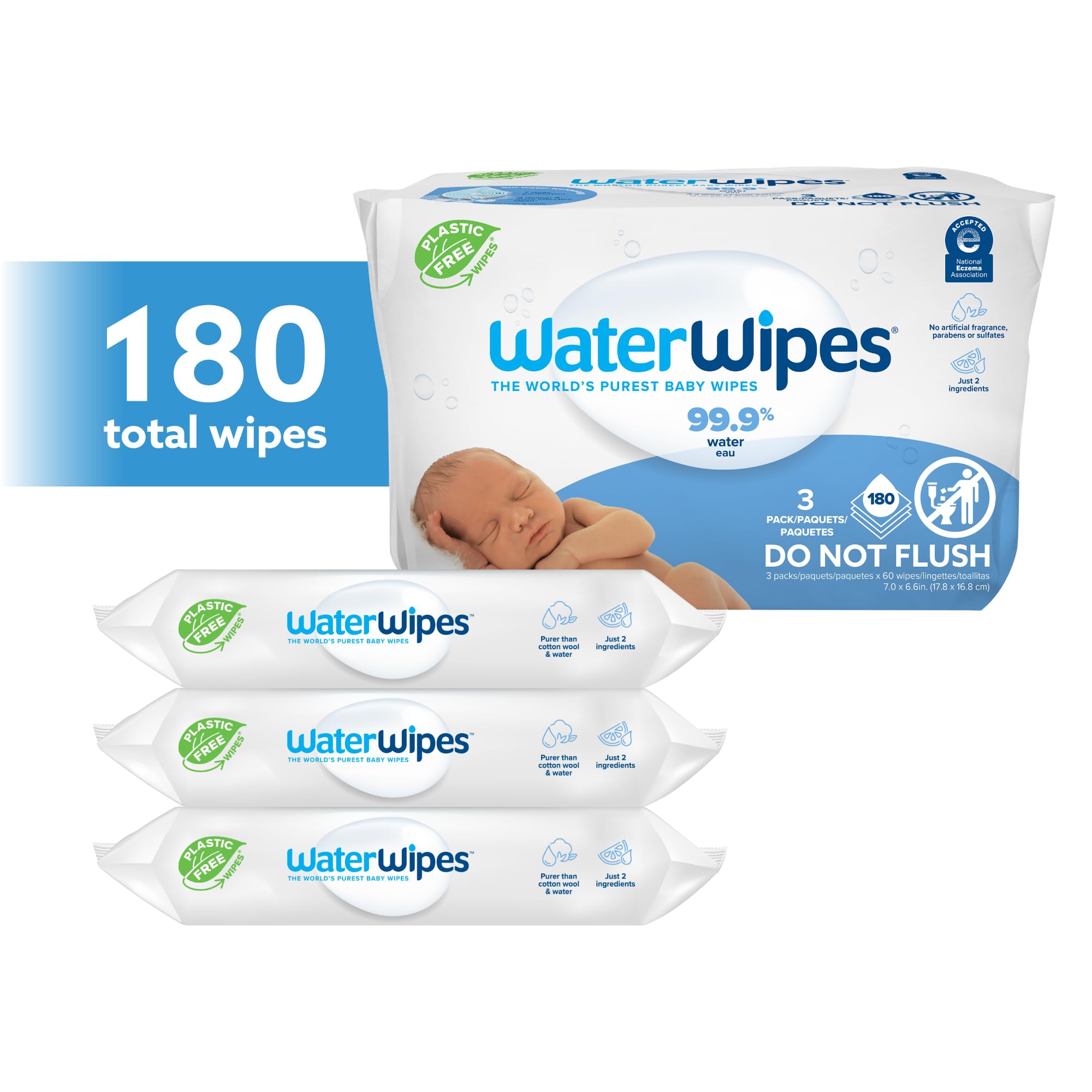 WaterWipes Plastic-Free Original Baby Wipes, 99.9% Water Based Wipes, Unscented & Hypoallergenic for Sensitive Skin, 180 Count (3 packs), Packaging May Vary