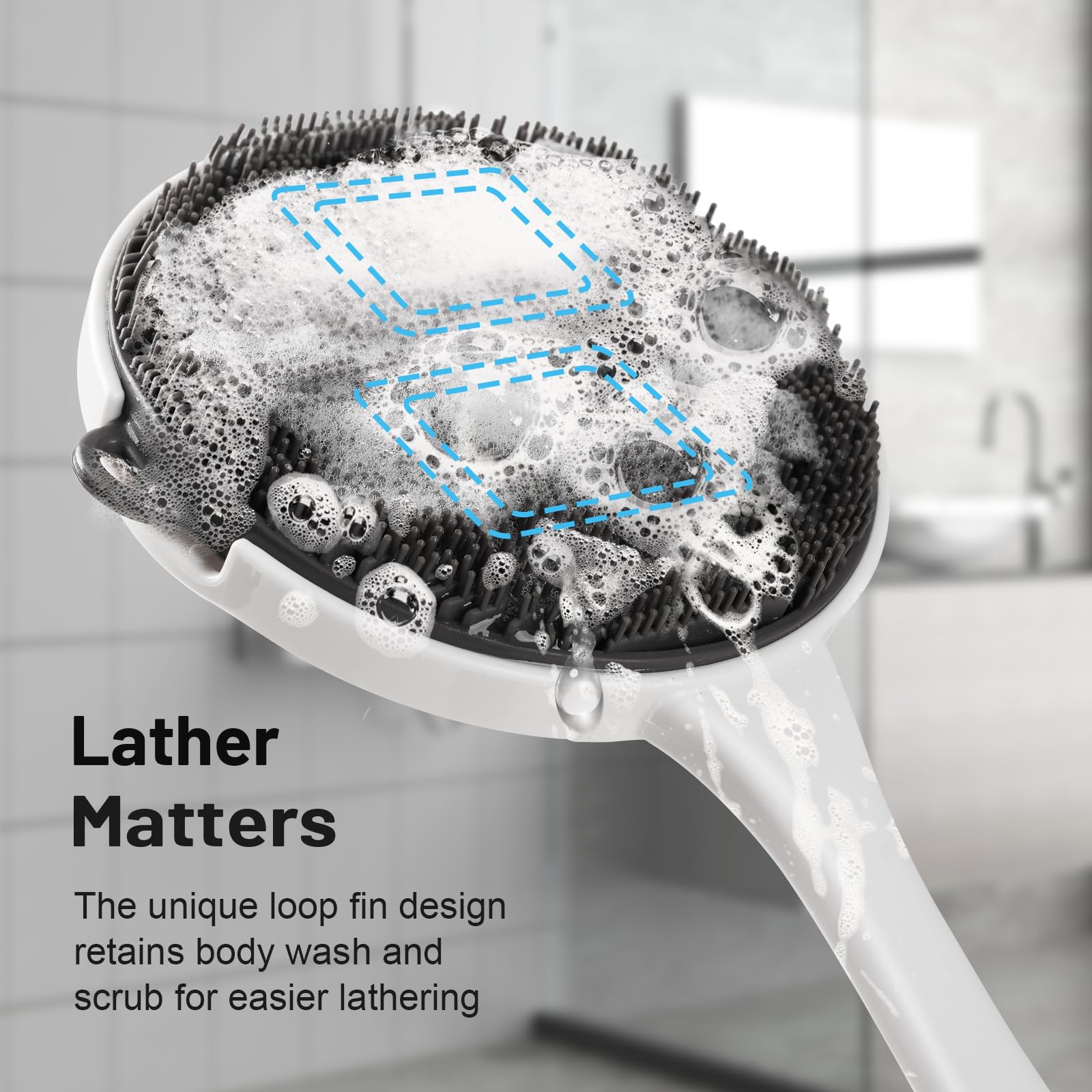 Zeutch Silicone Back Scrubber for Shower, 2025 Upgrade 16 Inch Detachable Long Handle Body Brush, Loop Bristles Shower Brush for Exfoliating, Deep Cleansing for Men & Massage Can Produce Rich Foam