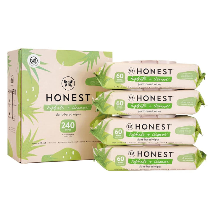 The Honest Company Hydrate + Cleanse Naturally Scented Wipes | Cleansing Multi-Tasking Wipes | 99% Water, Plant Based, Hypoallergenic | Aloe + Cucumber, 240 Count
