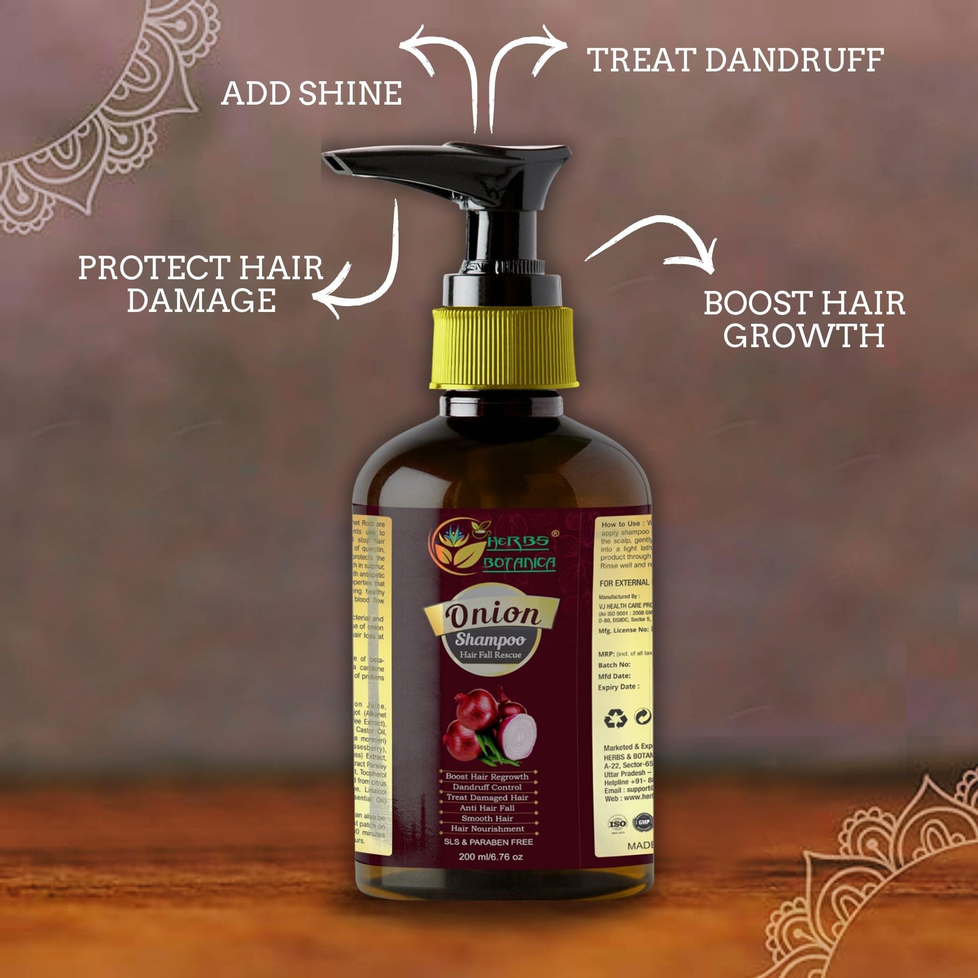 Onion Shampoo for Hair Growth – Enriched with Caffeine, Curry Leaf & Indian Alkanet Root – Controls Hair Fall & Dandruff – Onion Shampoo and Conditioner Alternative – 6.76 fl oz by Herbs Botanica