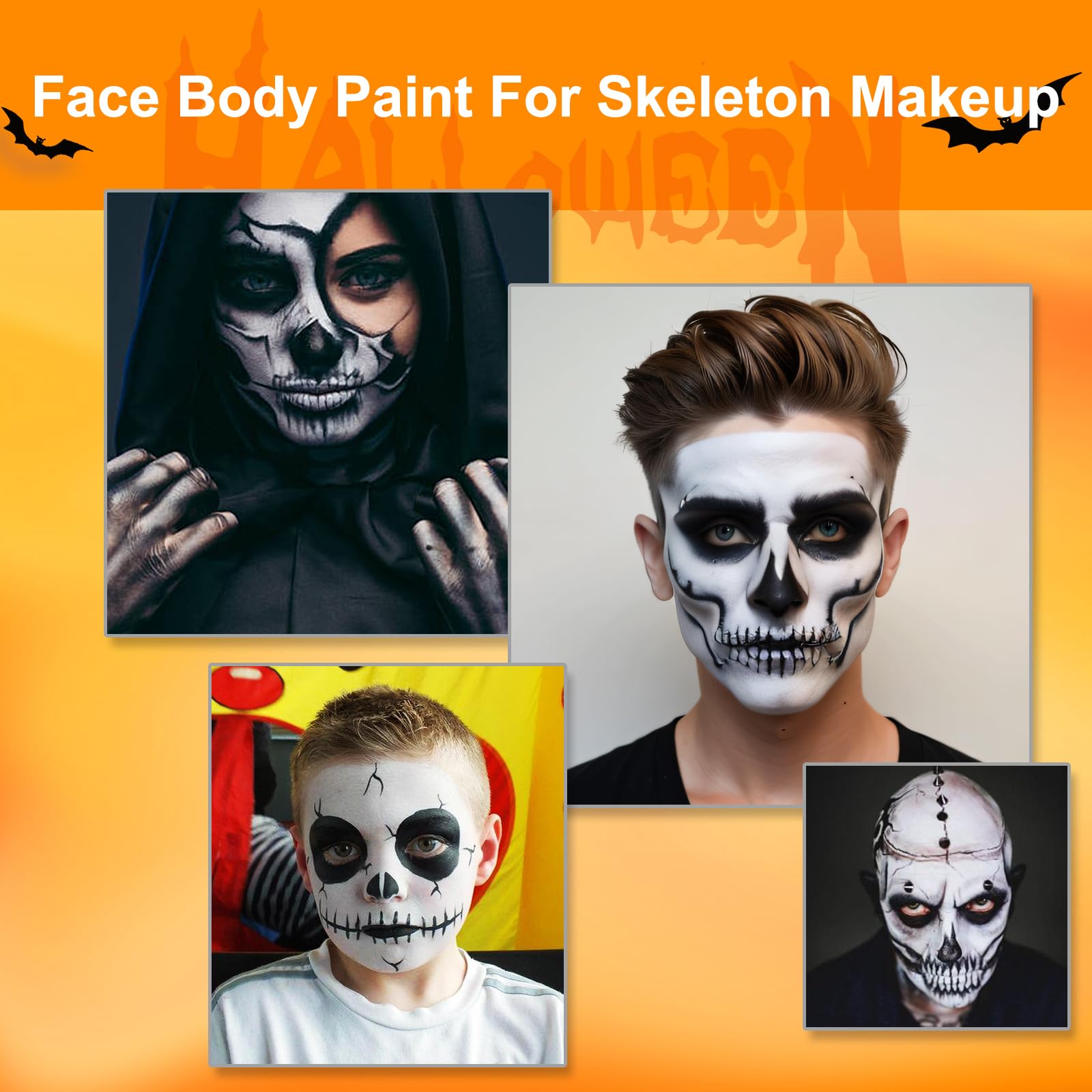 MEICOLY 3PCS Black White Light Grey Face Body Paint Stick,Halloween Zombie Skeleton Makeup Face Paint,Clown White Makeup SFX Cosplay for Adults and Kids,Eye Black Stick for Baseball & Softball