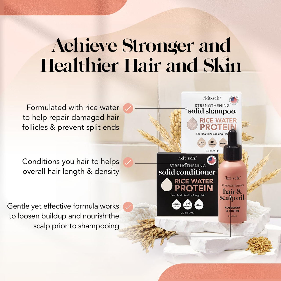 Kitsch Rice Shampoo & Conditioner Bar, Pre-Wash Scalp Serum - Rice Water for Strengthening Hair, Rosemary for Healthy Scalp, Paraben-Free 3pc Set
