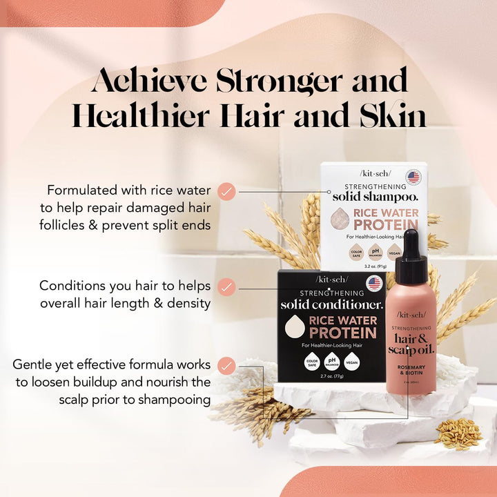Kitsch Rice Shampoo & Conditioner Bar, Pre-Wash Scalp Serum - Rice Water for Strengthening Hair, Rosemary for Healthy Scalp, Paraben-Free 3pc Set