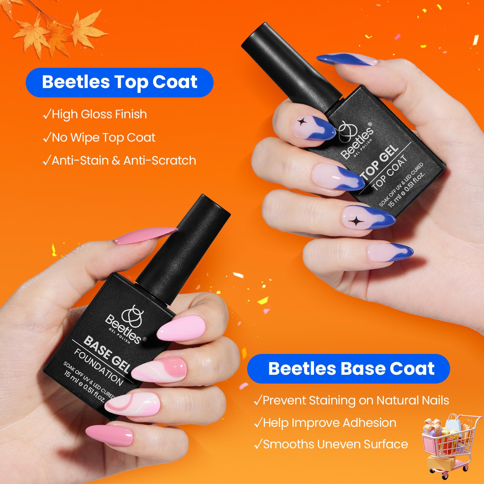 Beetles No Wipe Gel Top Coat and Base Coat Set for Gel Polish - 2Pcs 15ml Super Shiny and Long Lasting for Soak Off LED Nail Lamp Halloween Nail Art Design