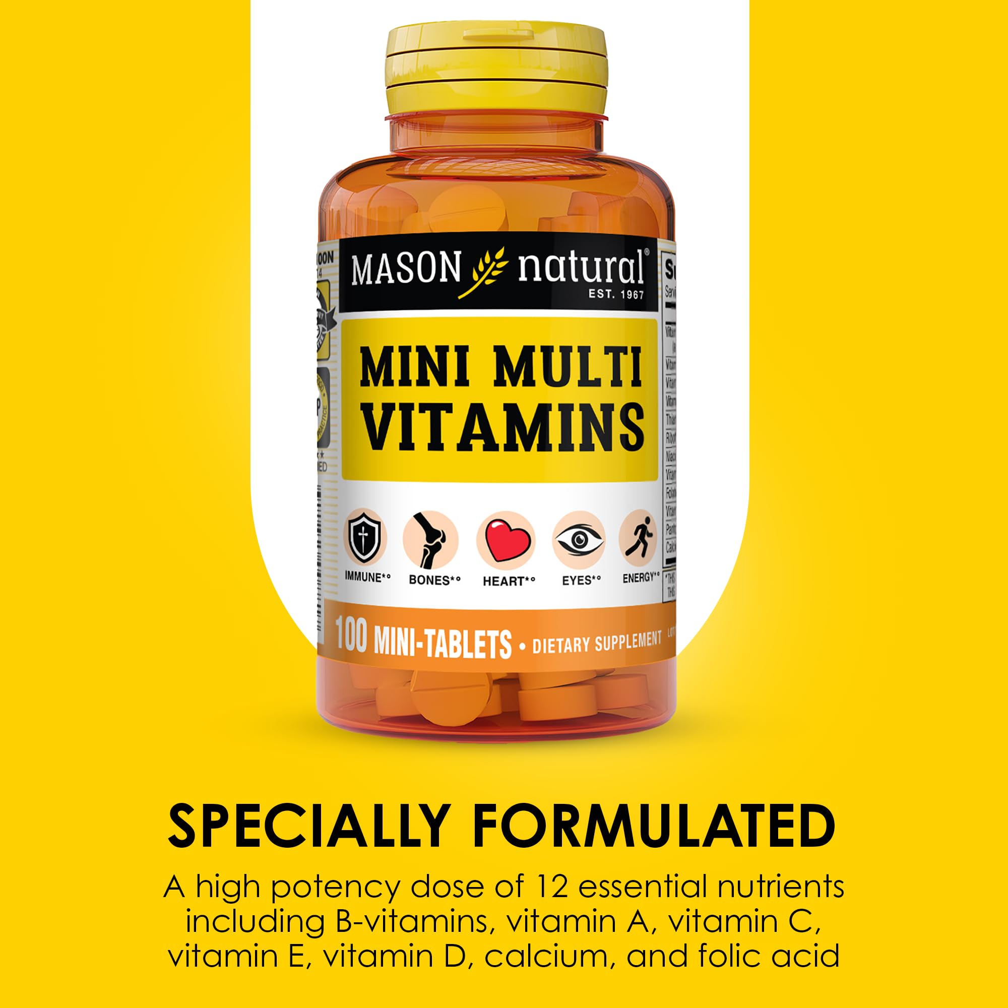 MASON NATURAL Mini Multi Vitamins, Vitamins A, C, D3, E, B1, B2, B3, B6, B12, Folate and Calcium for Overall Health, 100 Day Supply