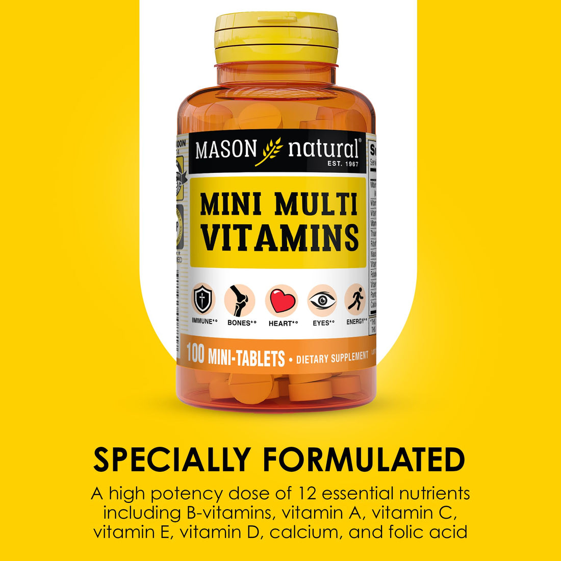 MASON NATURAL Mini Multi Vitamins, Vitamins A, C, D3, E, B1, B2, B3, B6, B12, Folate and Calcium for Overall Health, 300 Day Supply