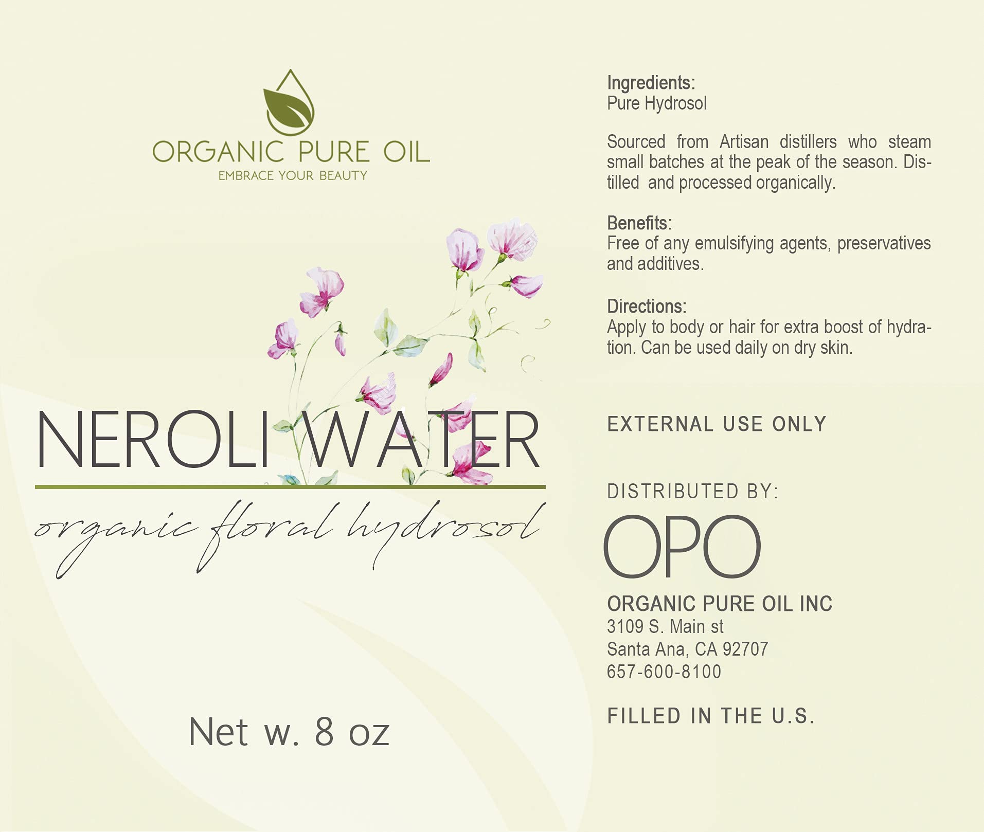 Neroli Water Hydrosol Face Mist Calming 8 oz Spray Toner Aromatherapy Facial Spritz Sprayer Linen Sheets Body Mist Pure Hydrosol Water Hydrating Cleansing Toning Orange Blossom OPO -Packaging May Vary