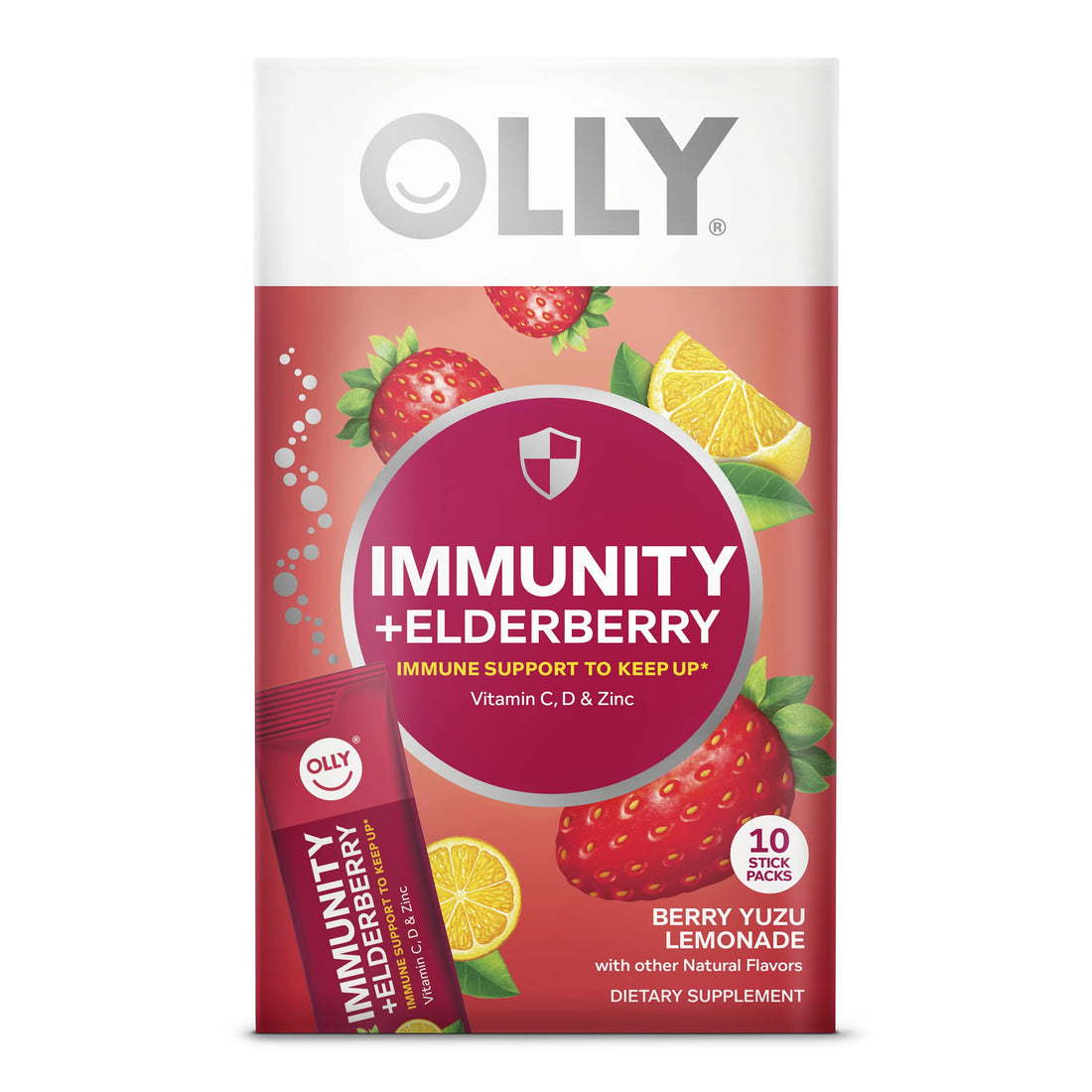 OLLY Immunity Powder, Daytime Immune Support, Elderberry, Vitamin C, D, Zinc, Fizzy Drink Mix, Berry Yuzu Lemonade - 10 Count