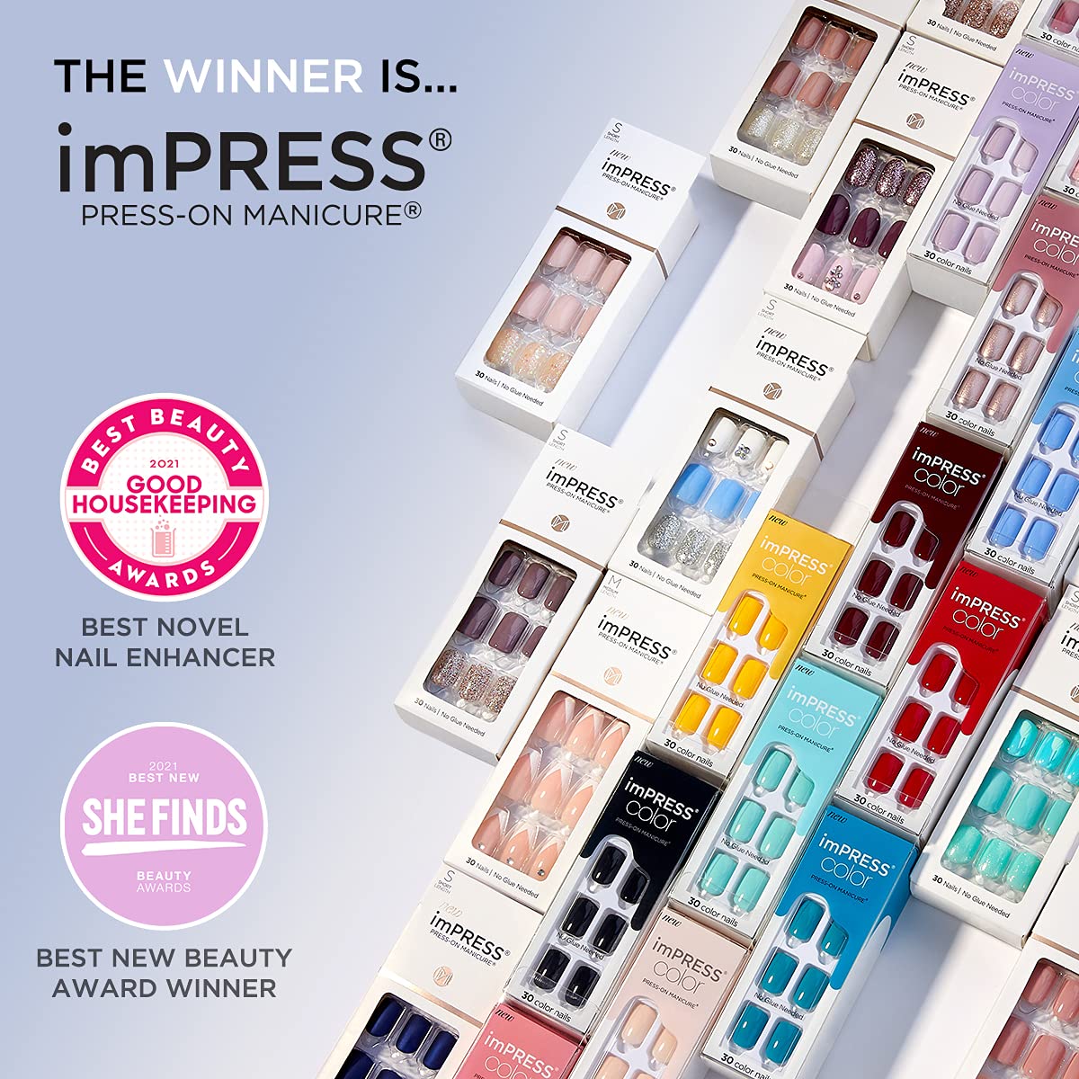 KISS imPRESS Press-On Manicure, Nail Kit, PureFit Technology, Short Press-On Nails, Square, Dorothy, Includes Prep Pad, Mini File, Cuticle Stick, and 30 Fake Nails