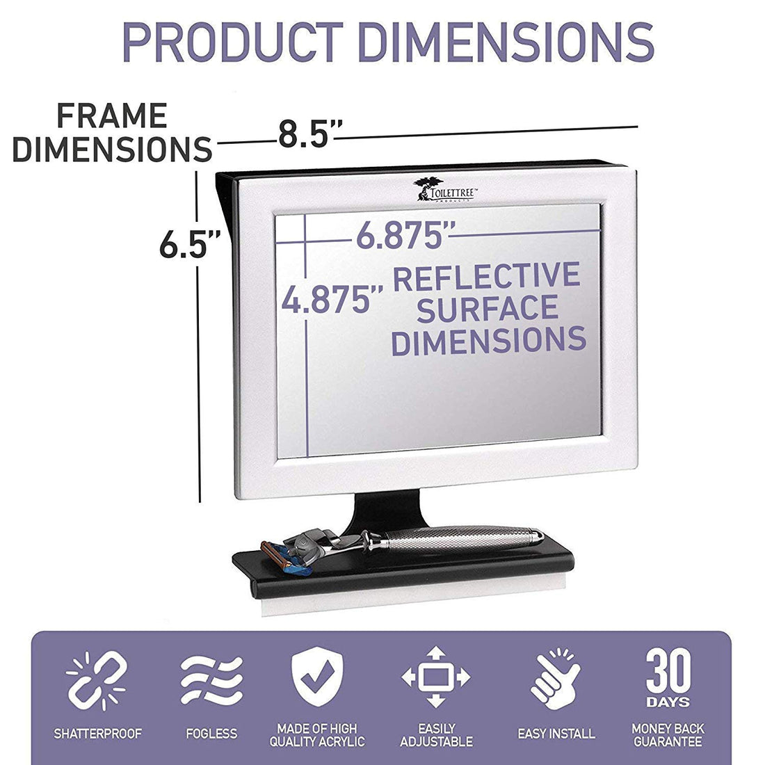 ToiletTree Products Fogless Shower Mirror with Squeegee - Anti-Fog Mirror - Adjustable Shaving Mirror with a Squeegee - Rust-Proof, Impact-Resistance Bathroom Shower Mirror