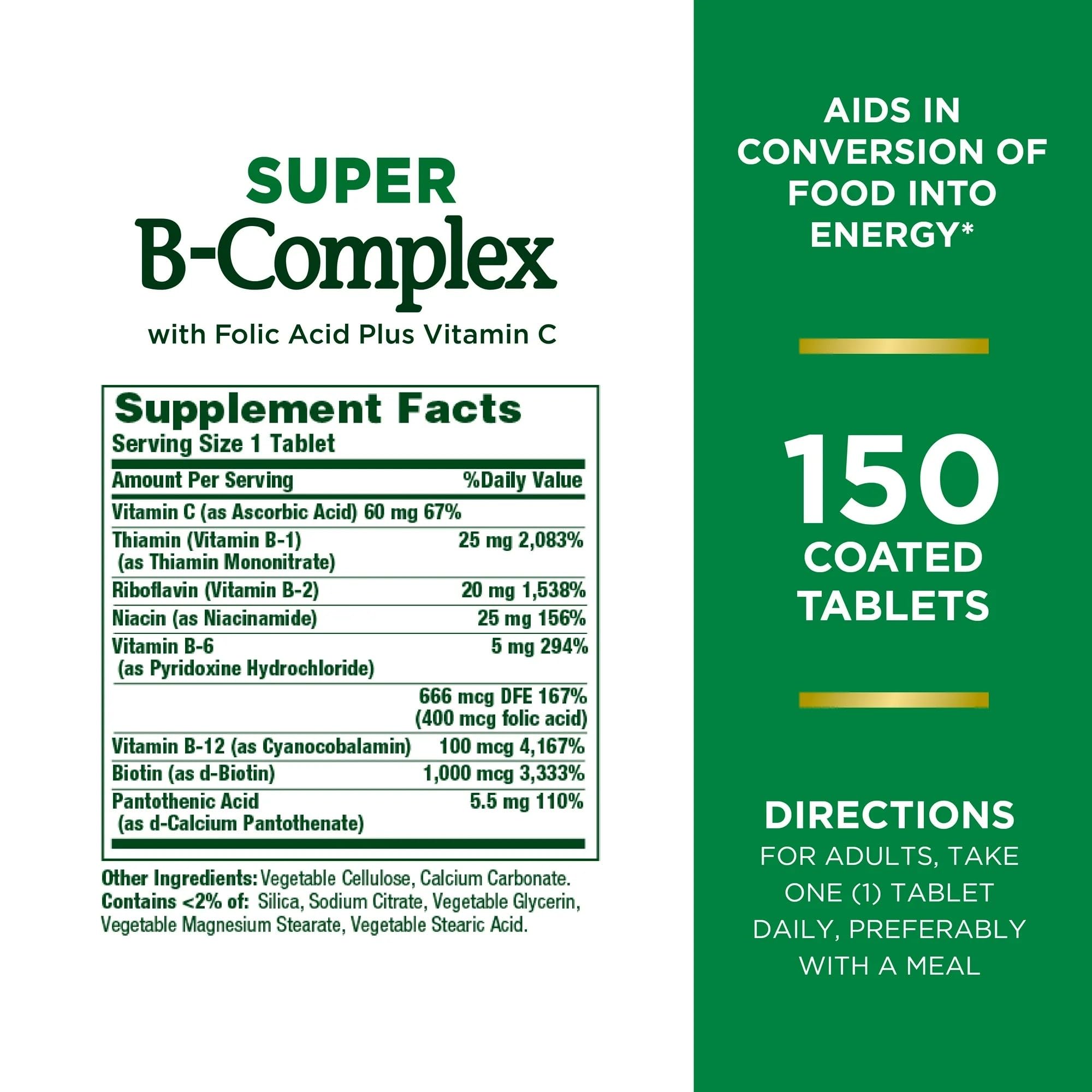 Nature's Bounty Super B-complex with Folic Acid Plus Vitamin C, 300 Tablets (2 X 150 Count Bottles)