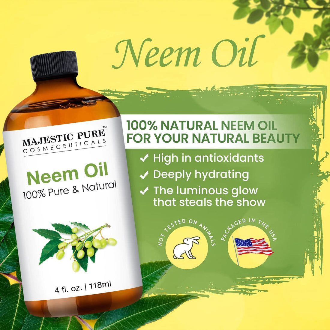 Majestic Pure Neem Oil for Plants Spray and Essential Oils Mixing, 100% Pure Cold Pressed, Great for Skin/Hair Care, Massage Oil, Nails, Acne & Moisturizer for Dry Skin, 4 Fl Oz