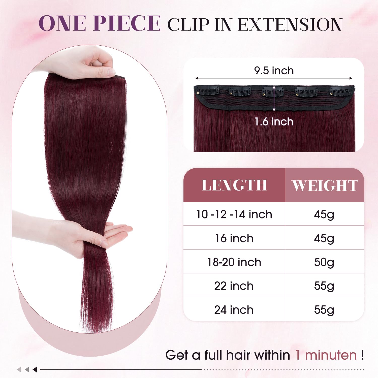 S-noilite 22inch Burgundy Clip in Human Hair Extensions One Piece 5 Clips 3/4 Full Head Soft Silky Clip on Remy Hair For Women Gift 55g #99J Wine Red