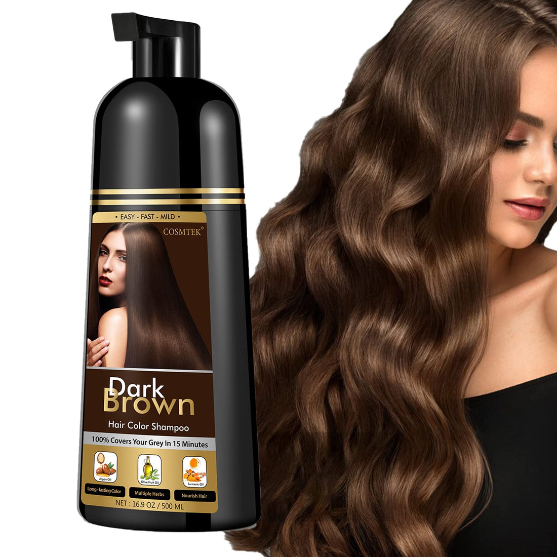 COSMTEK Dark Brown Hair Dye Shampoo for Gray Hair, Instant Natural Hair Color Shampoo for Women & Man, 3-In-1 & Semi-Permanent, Herbal Ingredients & Ammonia-Free, Fast Acting and Long Lasting