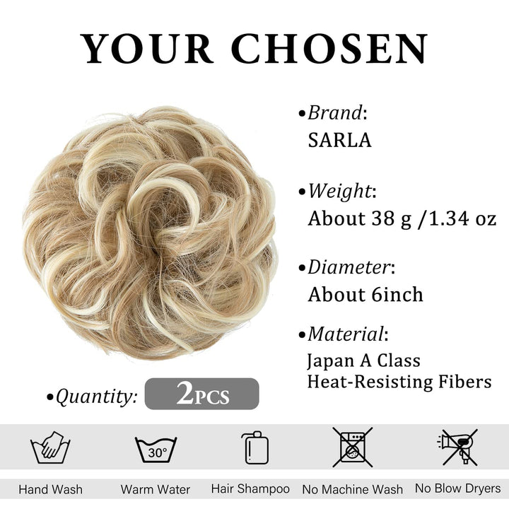 SARLA 2PCS Messy Hair Bun Hair Pieces Wavy Curly Synthetic Updo Fake Scrunchies Ponytail Extension for Women Dirty Blonde