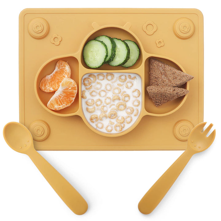 ROCCED Suction Plates for Baby Placemat Spoon Fork Set for Toddlers, Silicone Baby Plates with Suction Baby Dishes for Kids Plates-mustard