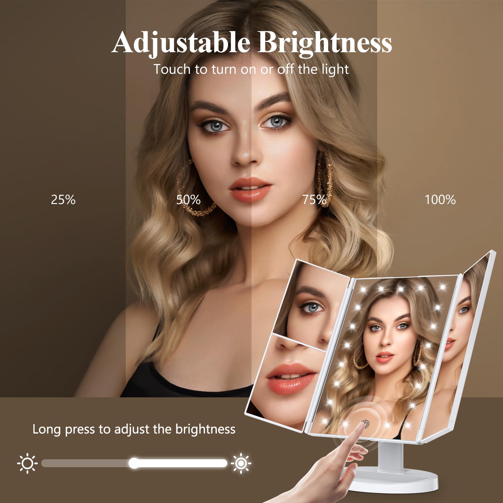 HUONUL Makeup Mirror Vanity Mirror with Lights, 2X, 3X, 10X Magnification, Touch Control, Trifold, White, 9.4L x 13.4W, Modern Style, Dresser Mount, Bathroom