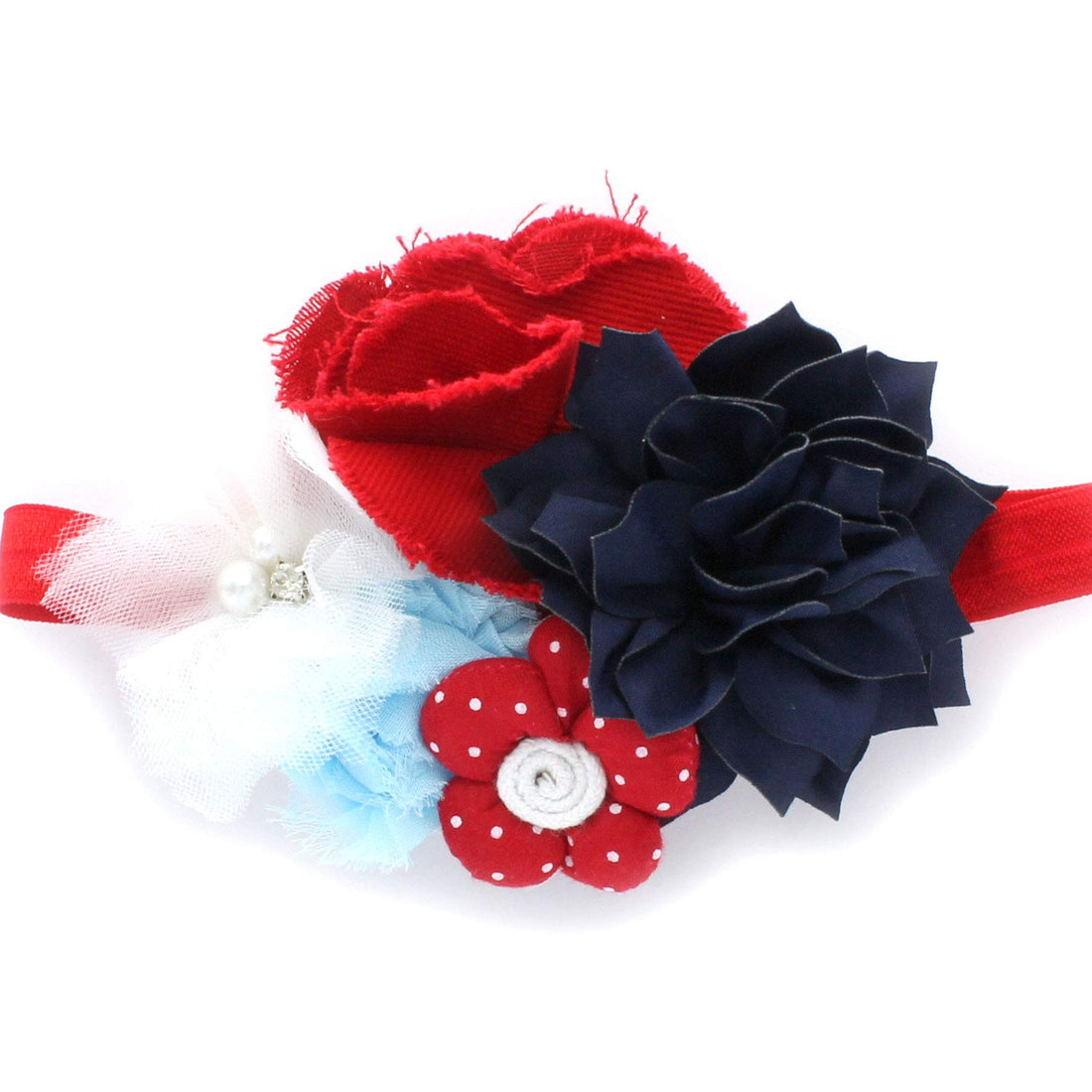 My Lello Baby Headband Shabby Fabric Flower Cluster Stretchy Elastic Red White Blue
