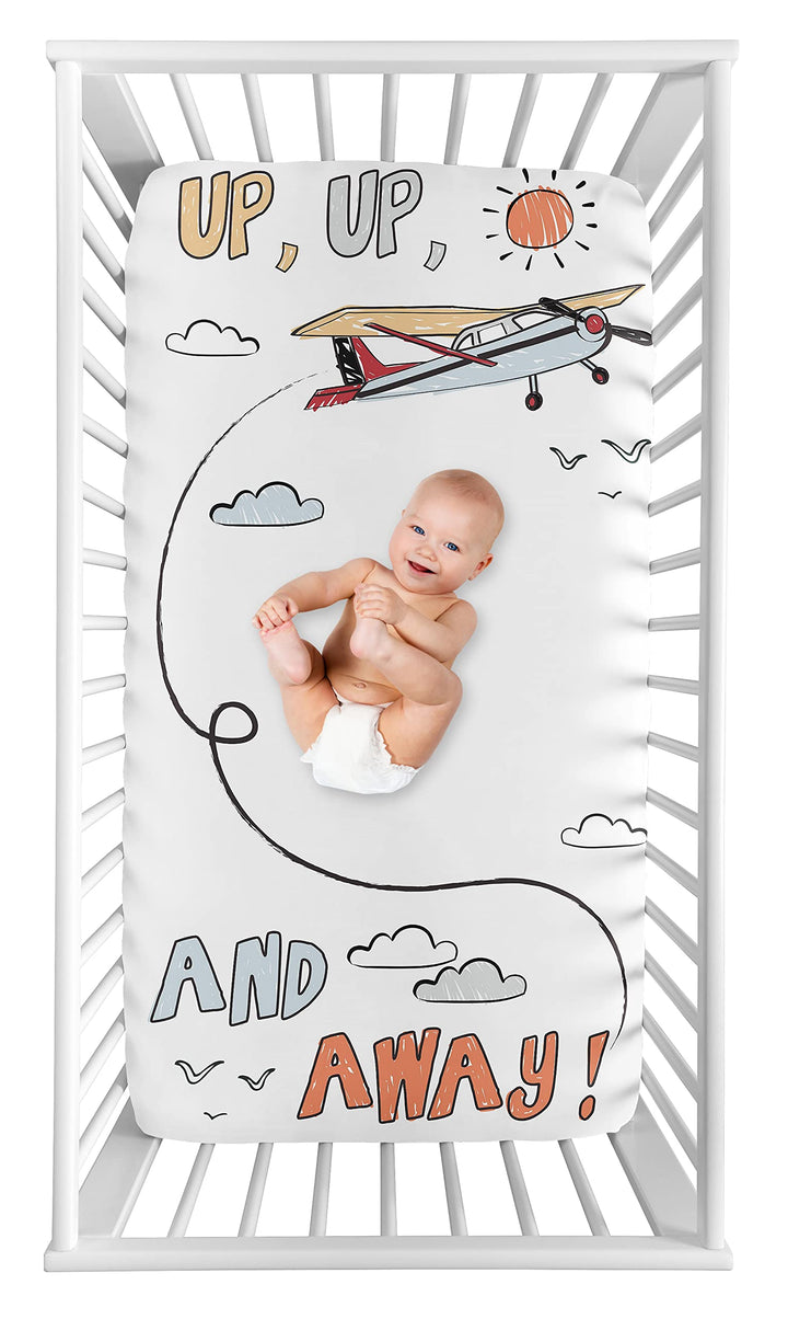 Sweet Jojo Designs Vintage Airplane Boy Fitted Crib Sheet Baby Toddler Bed Nursery Photo Op - Grey Yellow Orange Red White and Blue Airplanes Air Plane Transportation Clouds Sun Sky Aviator Aviation
