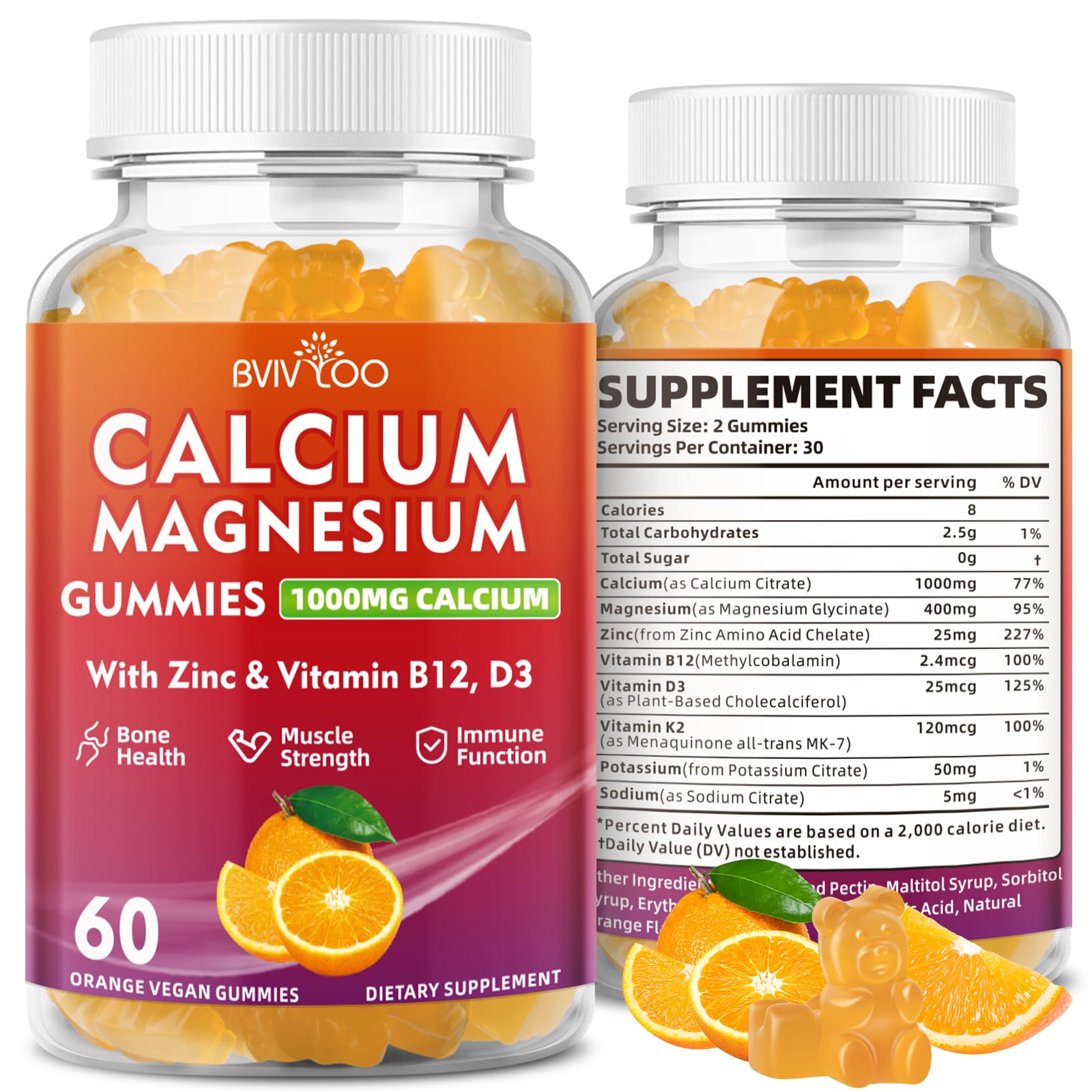 Calcium Gummies 1000mg with Vitamin D3 K2 & B Complex, Potassium, Calcium Magnesium Zinc Gummies for Bone, Muscle, Mood and Immunity - Orange Flavor 60 Gummies