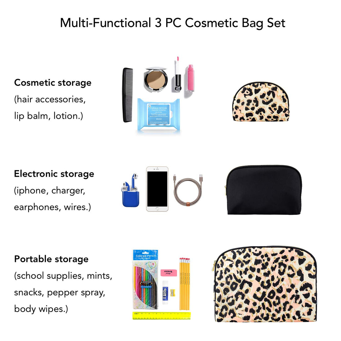 Black & Leopard: Once Upon A Rose Cosmetic Bag 3 Piece Set, Makeup Organizer, Toiletry Pouch, for Brushes, Pencil Case, Accessories, Travel, Girls, Gift Idea (Black & Leopard)