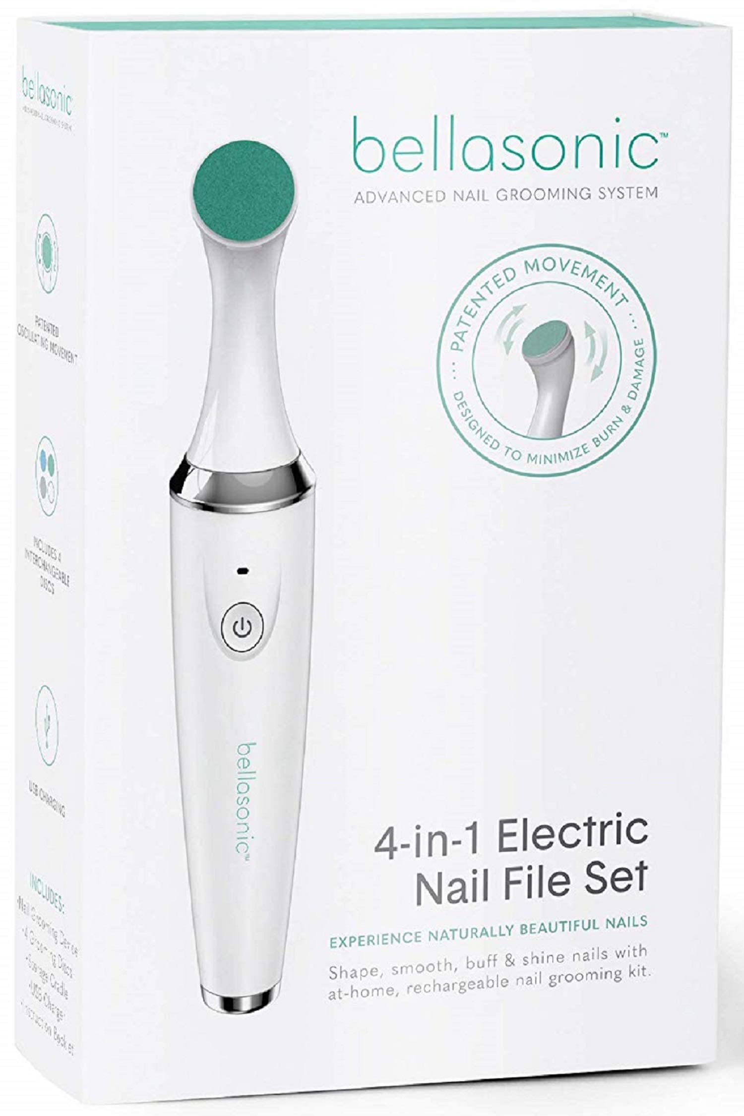 BELLASONIC 4-in-1 Rechargeable Electric Nail File Set with Unique Oscillating Head – Shape, Smooth, Buff & Shine Nails – Remove Cuticles & Calluses – Salon Quality Manicure Pedicure Results