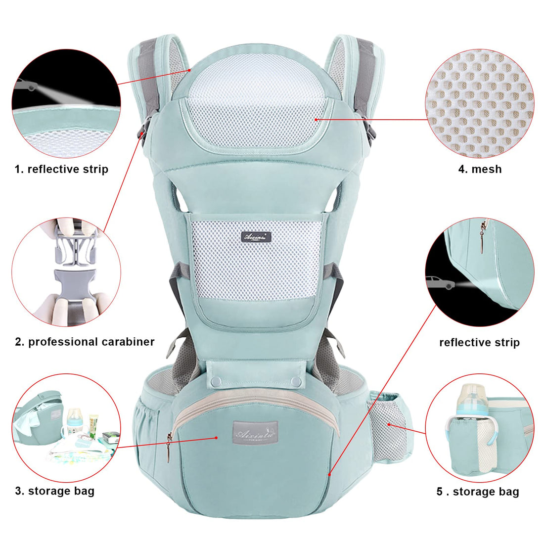 Huifen Baby Carrier with Hip Seat, Multi-Functional 9 in 1 Baby Wrap Carrier Newborn to Toddler for All Seasons Ergonomic Baby Sling Carrier Hands Free Baby Backpack 7-45 lbs (Green)