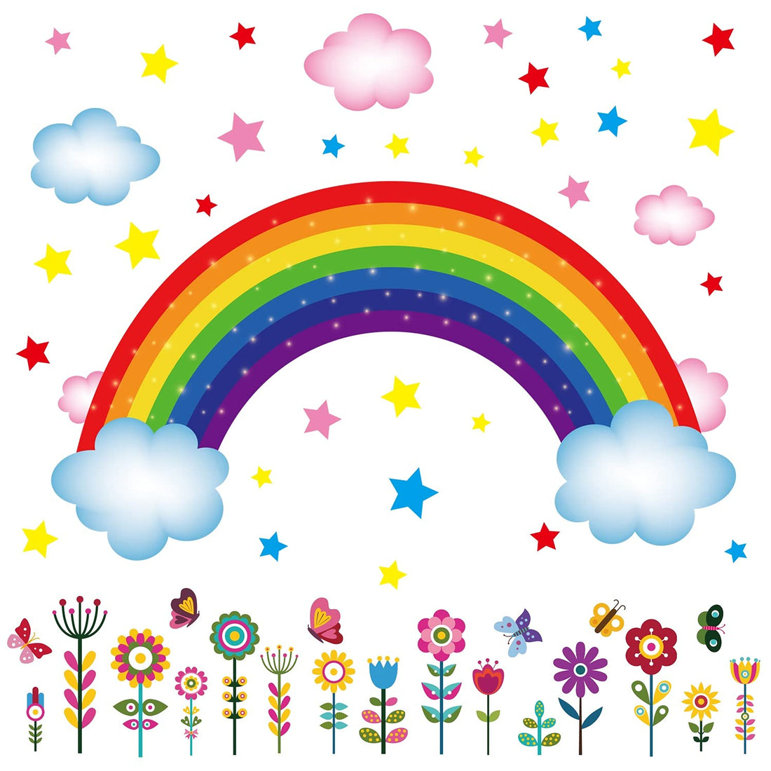 Joyduo 3 Sheets Rainbow Wall Decal Rainbow Wall Sticker, Large Removable Rainbow Butterflies Clouds Star Flower Wall Decals for Nursery Kids Girls Bedroom Decor
