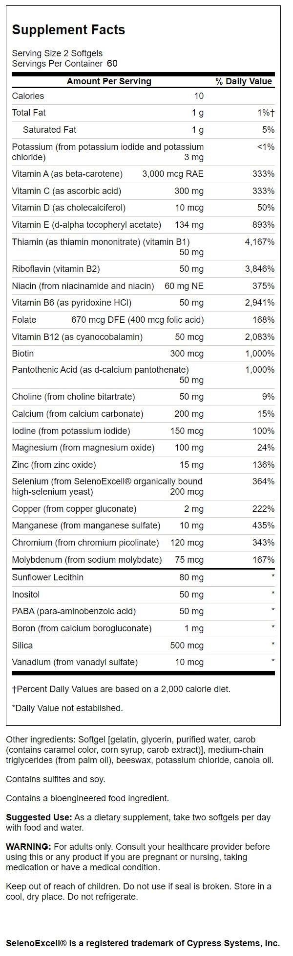 Swanson Multi Without Iron Multivitamin Health Supplement Iron-Free Formula 120 Softgels Sgels