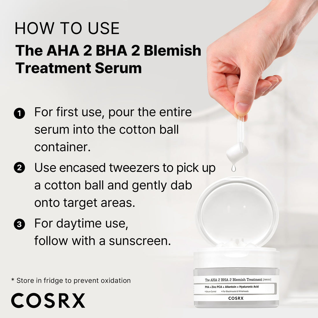 COSRX AHA 2% BHA 2% Blemish Treatment Serum, 60+ Pure Cotton Balls, Quick & Easy Daily Spot Treatment, Blackheads & Whiteheads, Sebum Control, Paraben Free, Phthalates Free, Korean Skin Care