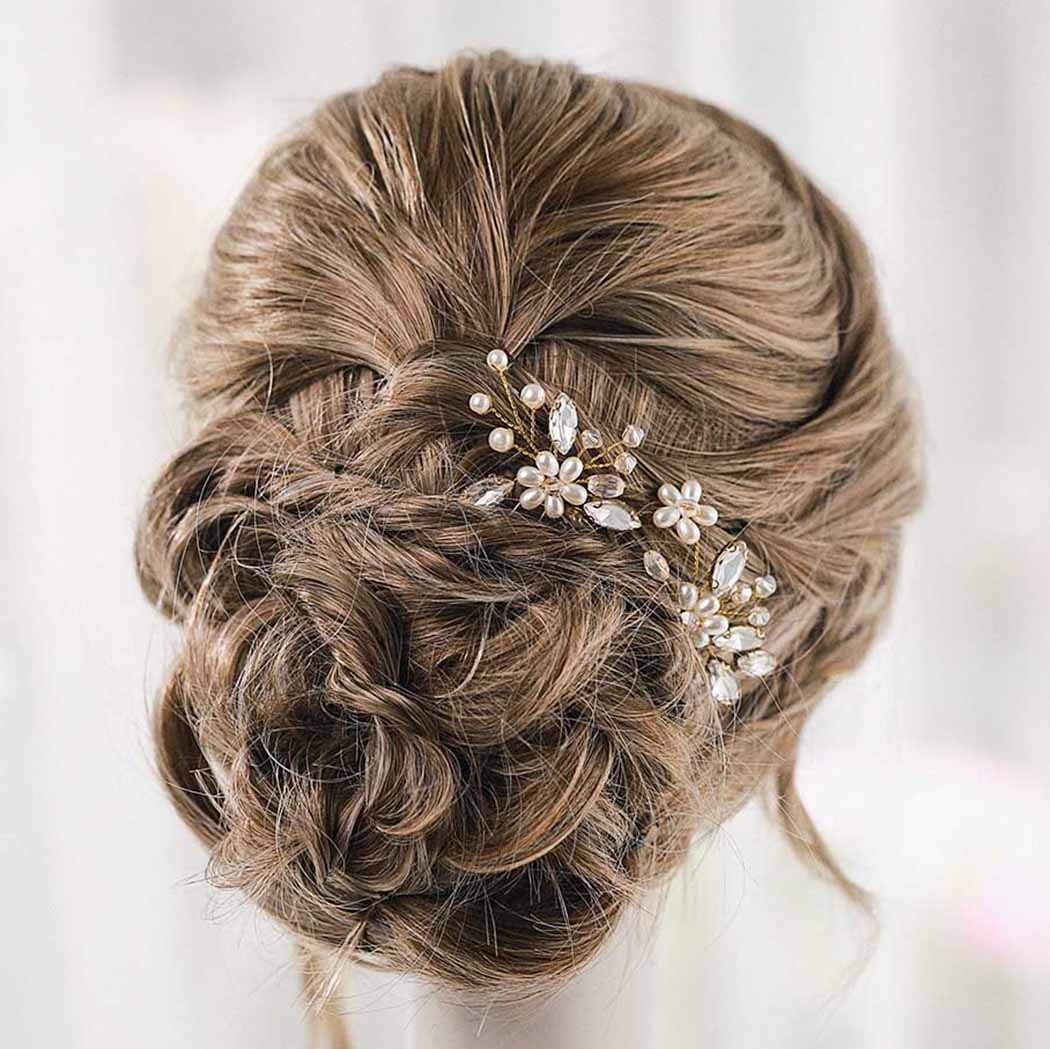 Catery Flower Bride Wedding Hair Pins Crystal Pearl Hair Set Jewelry Headpieces Bridal Decorative Hair Accessories for Women Pack of 2 (Gold)