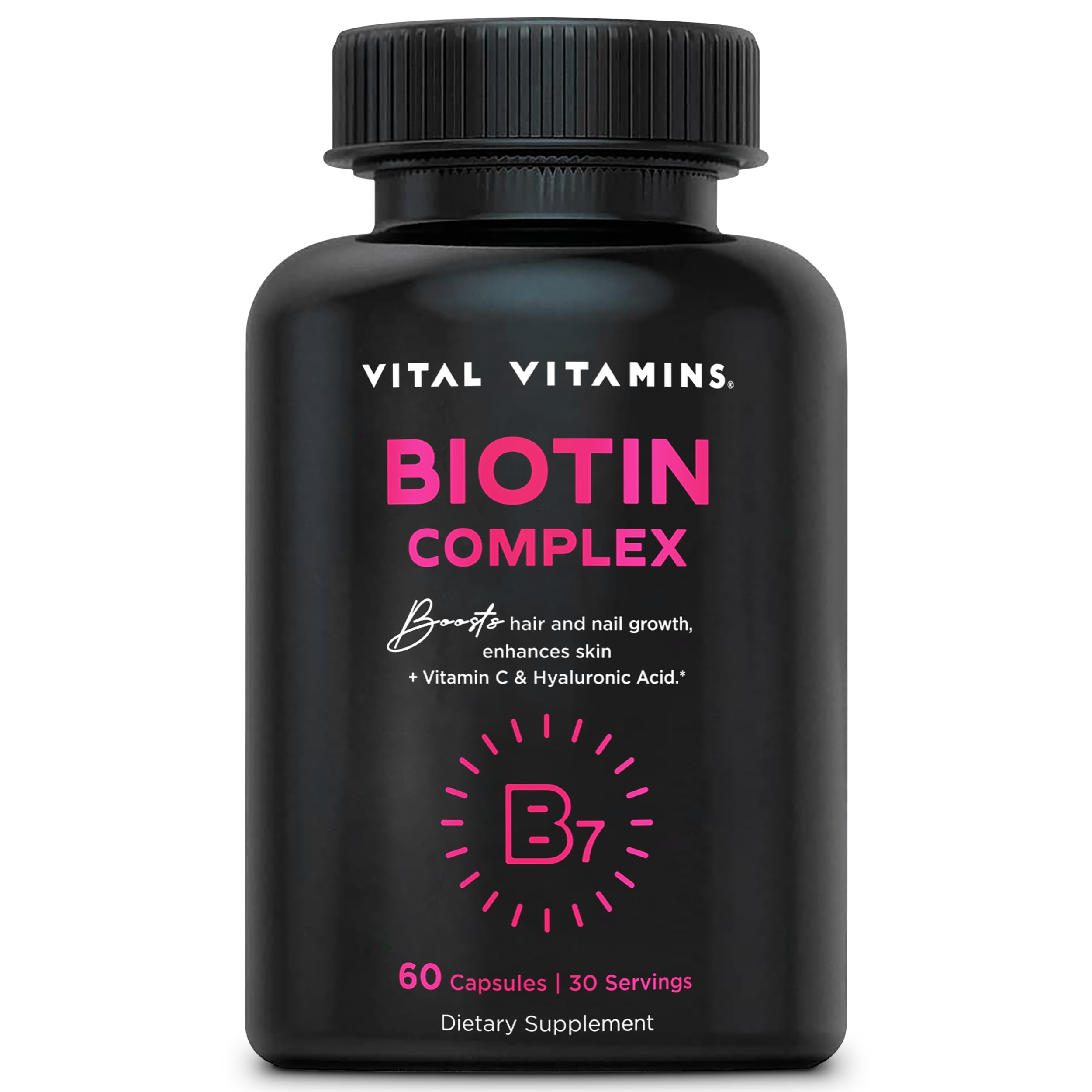 Vital Vitamins Biotin Complex Pills - with Hyaluronic Acid, MSM, Collagen, & Vitamin C - Supplement for Hair, Skin, & Nails - 60 Capsules