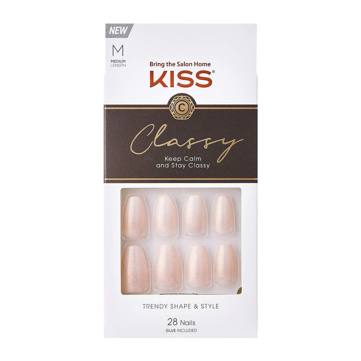 KISS Classy French Nail Manicure Kit with Gel Finish, Medium, Coffin Shaped, ââ‚¬Å“Cozy Meets Cuteââ‚¬Â, Nail Kit Includes Pink Nail Glue (Net Wt. 2 g / 0.07oz.), Mini File, Manicure Stick, and 28