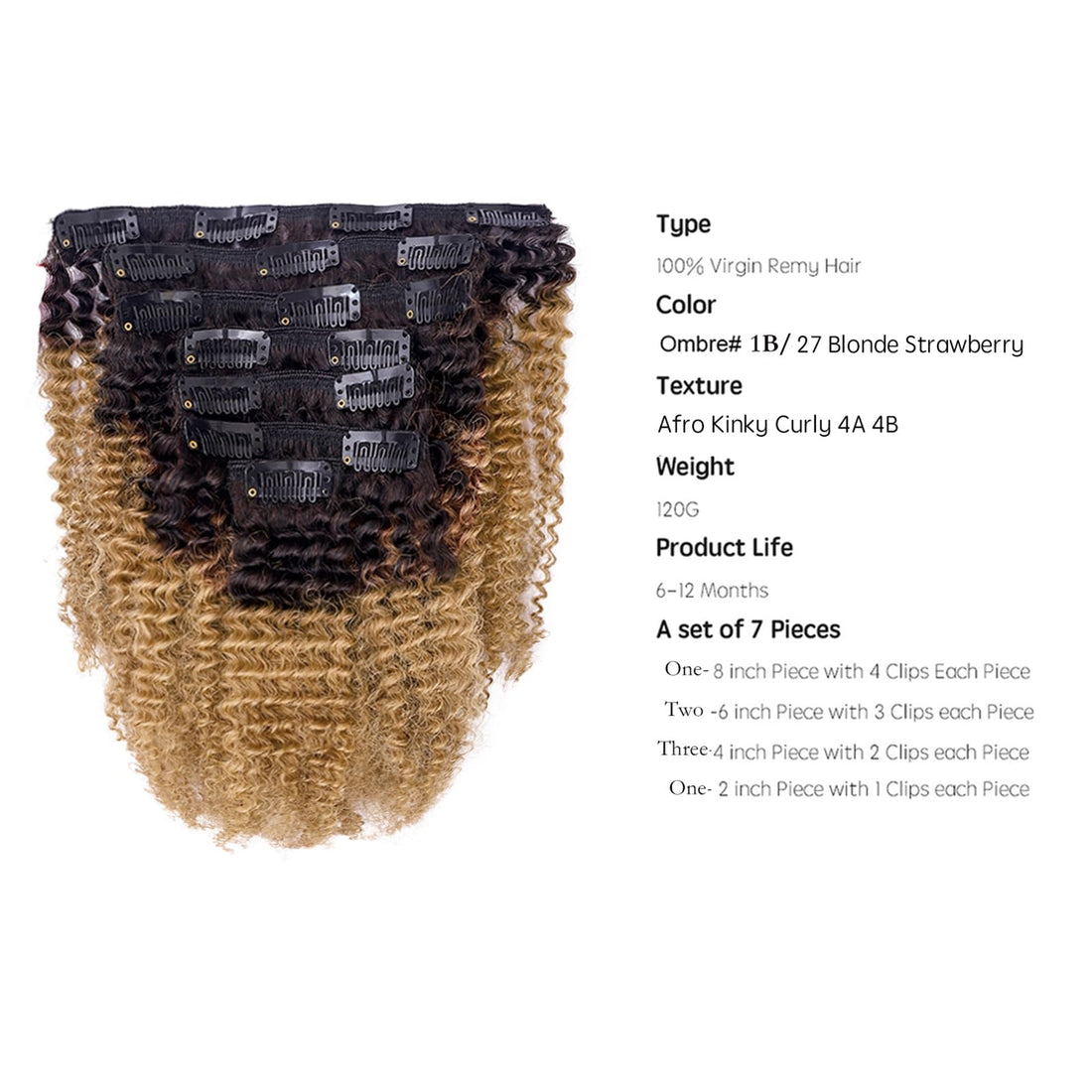 Anrosa Kinkys Curly Clip in Hair Extensions Human Hair 3C 4A Afro Kinky Curly Clip ins Natural Hair Real Remy Thick Human Hair Extensions for Black Women (14 inch, Ombre #1B/27)