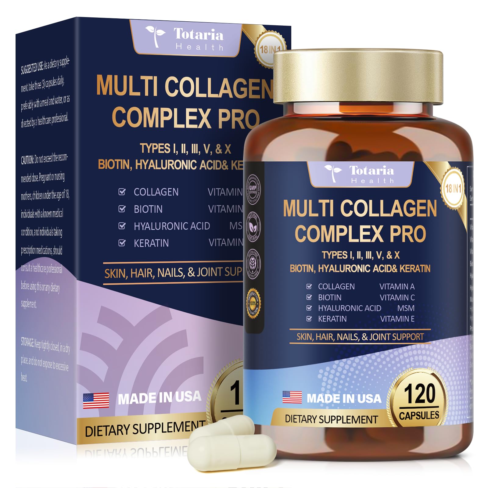 18-in-1 Collagen Pro with Hyaluronic Aicd, Keratin, Biotin, VIT A C & E for Skin, Hair, Nails, Joint & Beauty - Multi Collagen Peptides Capsules with Type I II III V & X for Women & Men - 120 Caps
