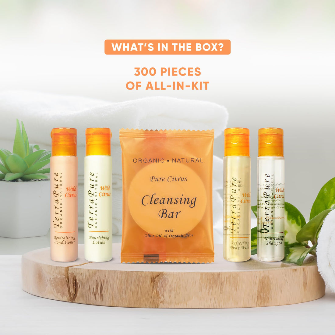 Terra Pure Wild Citrus Hotel Amenities Set | 1-Shoppe Amenities Kit | 1oz Shampoo, Conditioner, Body Wash, Lotion, Bar Soap | Travel Size | 300 Pieces