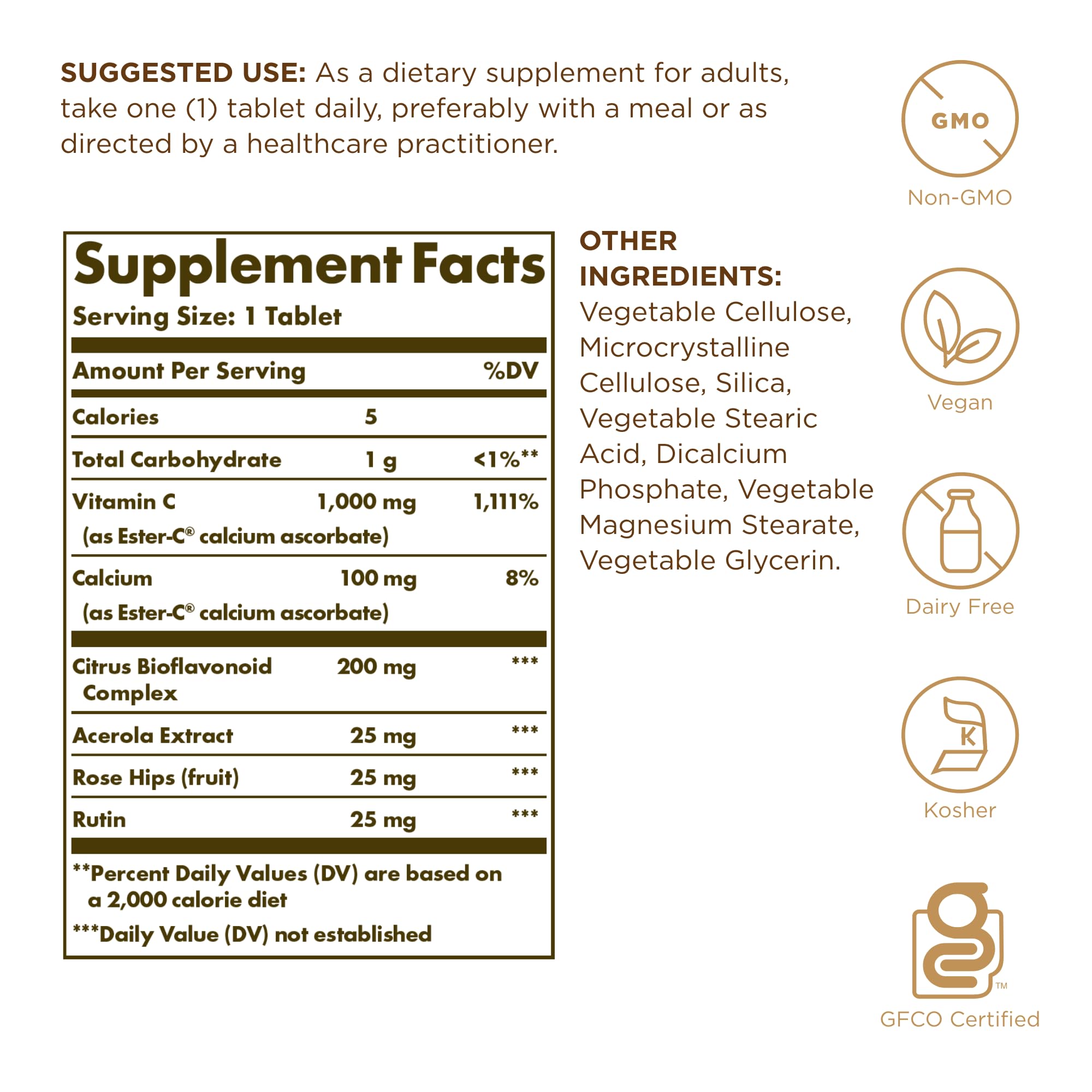 Solgar Ester-C Plus 1000 mg Vitamin C (Ascorbate Complex) - 180 Tablets - Gentle & Non Acidic - Supports Upper Respiratory Health - Non-GMO, Gluten Free - 180 Servings