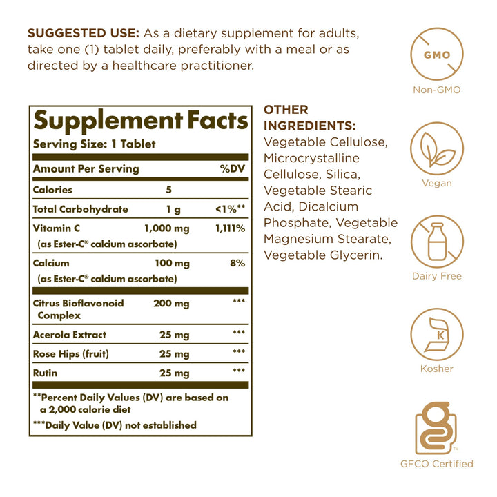 Solgar Ester-C Plus 1000 mg Vitamin C (Ascorbate Complex) - 180 Tablets - Gentle & Non Acidic - Supports Upper Respiratory Health - Non-GMO, Gluten Free - 180 Servings