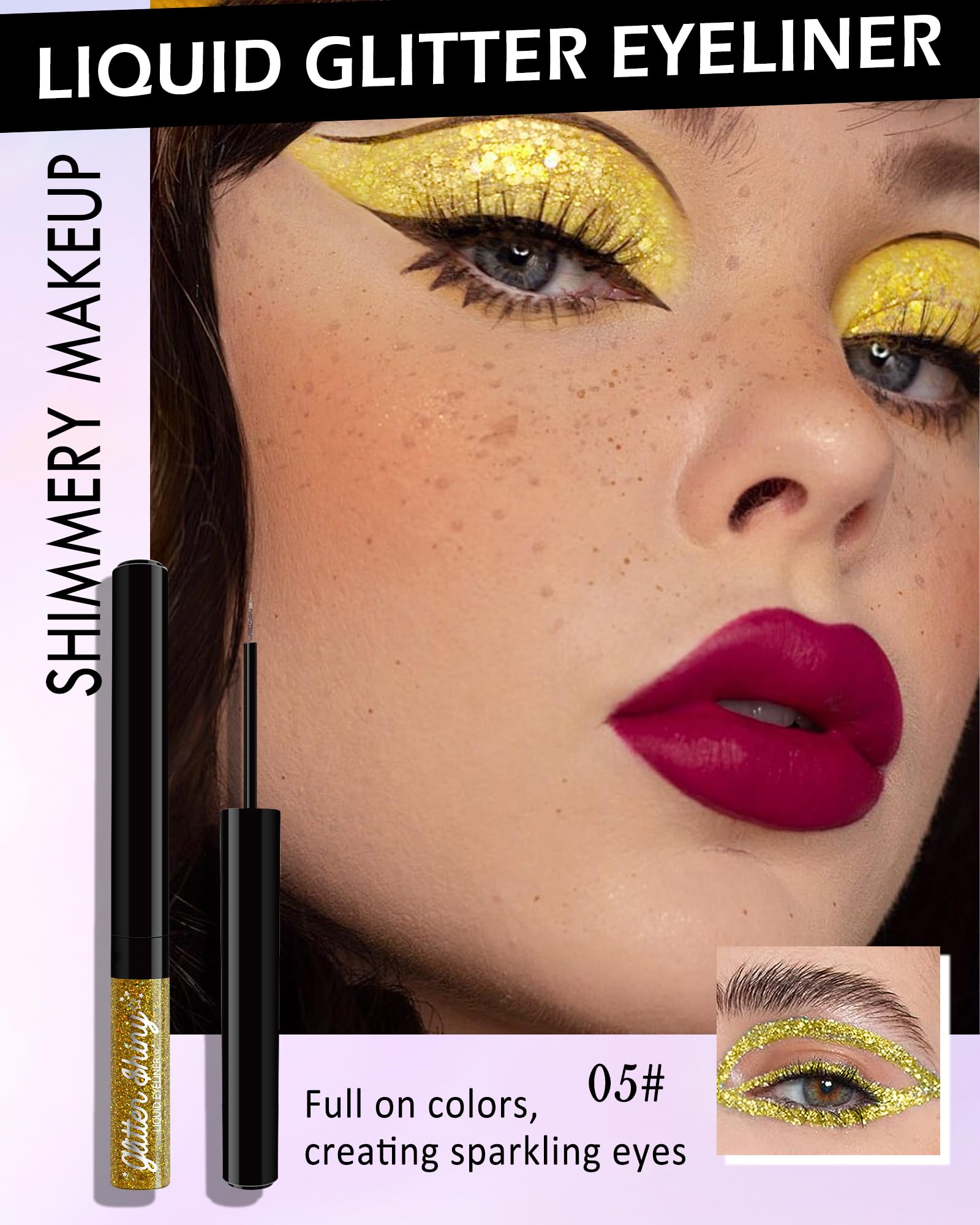 Caedelfly Metallic Shimmer Glitter Eyeliner, Liquid Gel Eyeshadow - Waterproof, Long Wearing, Smudge-Proof, Ultra-Fine Tip - Gold Sparkling Eye Glitter Makeup-05