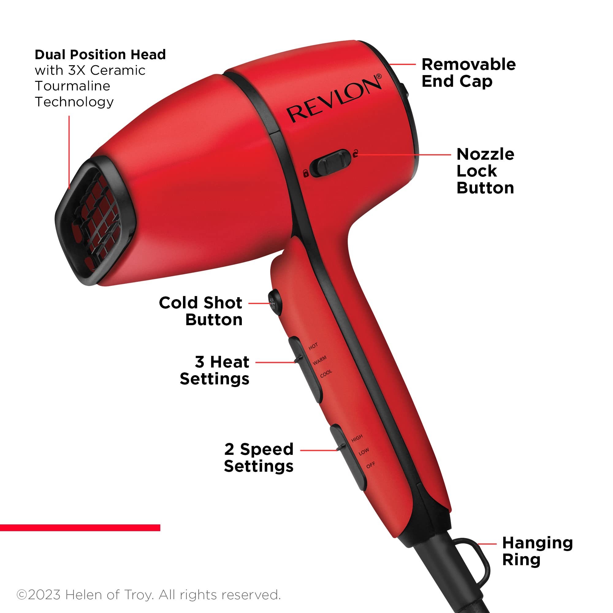 REVLON Airflow Control Hair Dryer with Diffuser | 1875W Blow Dryer Head Rotates 90° for Total Control, Wider Head for Less Drying Time, Reduces Frizz (Red)