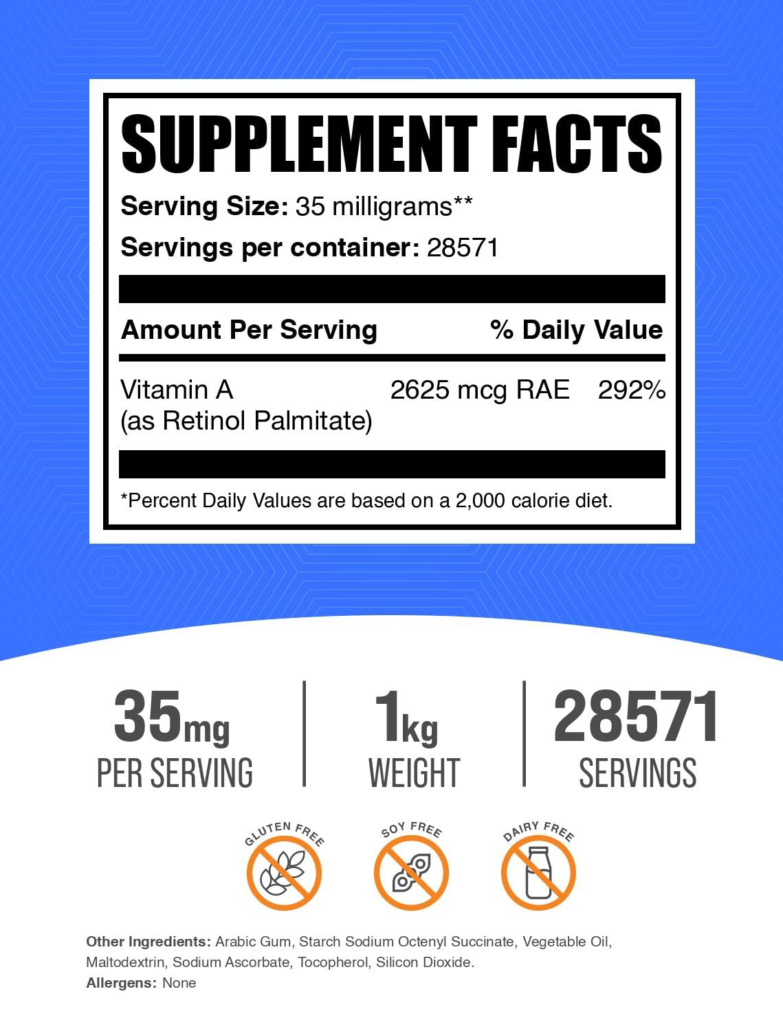 BulkSupplements.com Vitamin A Palmitate Powder - as Retinol Palmitate, Vitamin A Supplement for Immune & Eye Support - Gluten Free, 35mg per Serving, 1kg (2.2 lbs) (Pack of 1)