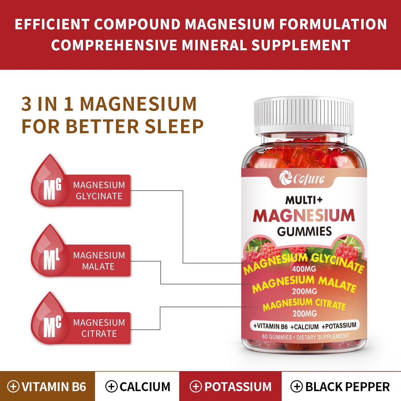 Triple Magnesium Complex 900 mg, Magnesium Glycinate, Citrate, Malate with Potassium, Calcium, Vitamin B6 for Calm & Sleep - Vegan, Non-GMO, Gluten Free - 60 Raspberry Gummies for Adults