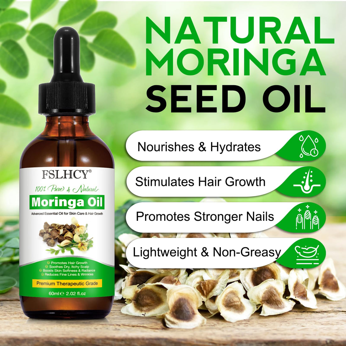 Moringa Oil Pure, Moringa Seed Oil for Face & Hair Growth & Moisturizer & Massage Oil Natural Cold Pressed Reduces Fine Lines, Antioxidant & Anti-ageing (60ML)