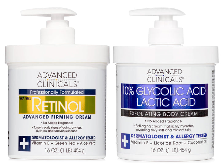 Advanced Clinicals Retinol Body Lotion + 10% Glycolic Acid & Lactic Acid Exfoliating Body Cream Moisturizer | Crepey Skin Care Treatment | AHA KP Bump Eraser | Keratosis Pilaris | Fragrance Free, 2PC