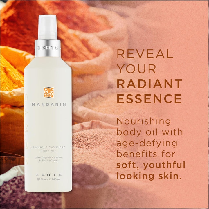 Zents Luminous Cashmere Body Oil (Travel Size - Mandarin Fragrance) | Moisturizing Body Oil with Vitamin E & Organic Coconut Oil | Softens & Smooths Skin | 1 fl oz | TSA Approved