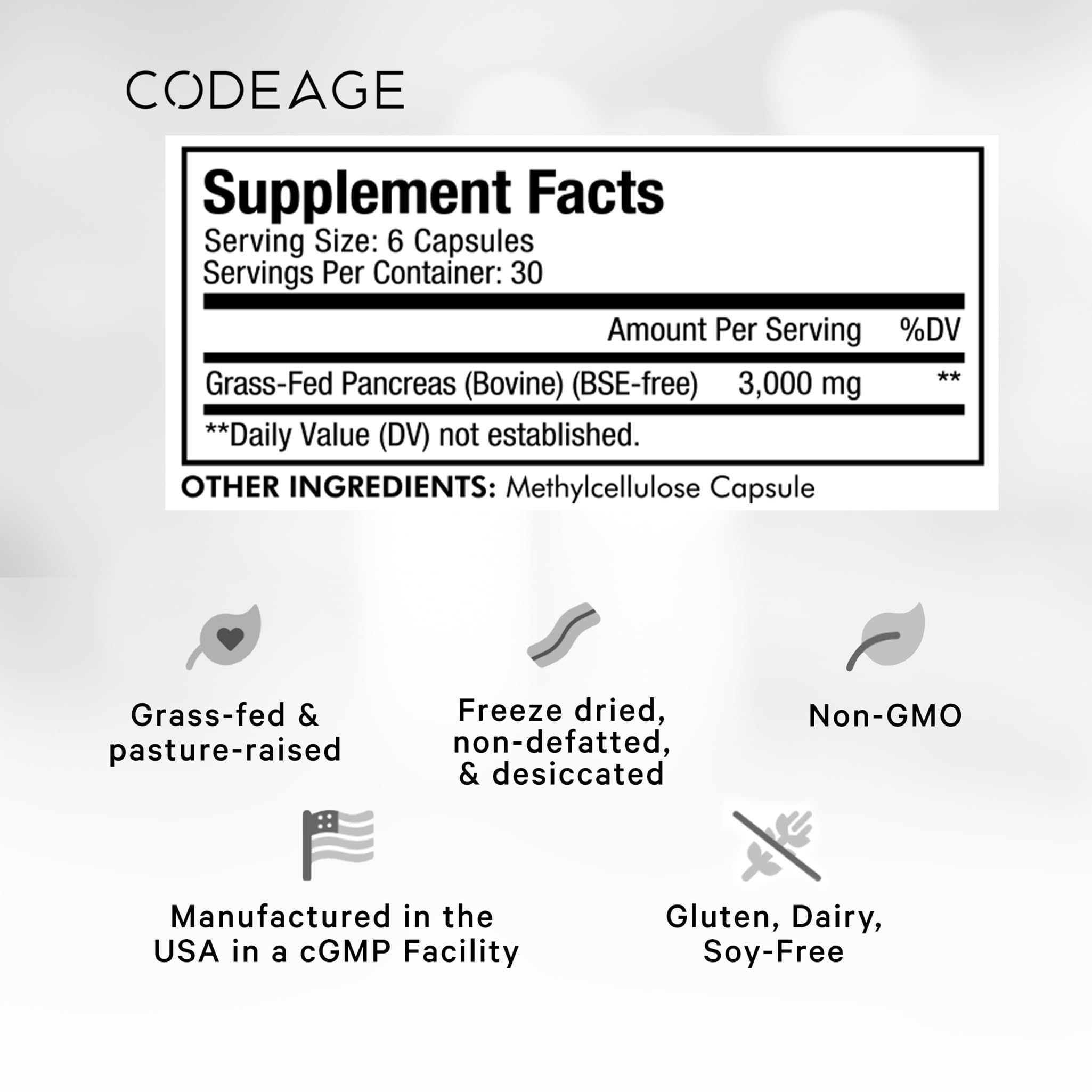 Codeage Grass Fed Beef Pancreas Supplement Glandulars - Freeze Dried, Non-Defatted Desiccated Beef Pancreas Pills – Pancreatic Enzymes Diet Meat - Pasture Raised Bovine Vitamins - 180 Capsules
