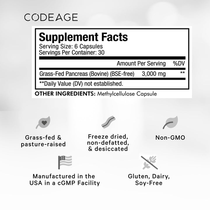 Codeage Grass Fed Beef Pancreas Supplement Glandulars - Freeze Dried, Non-Defatted Desiccated Beef Pancreas Pills – Pancreatic Enzymes Diet Meat - Pasture Raised Bovine Vitamins - 180 Capsules