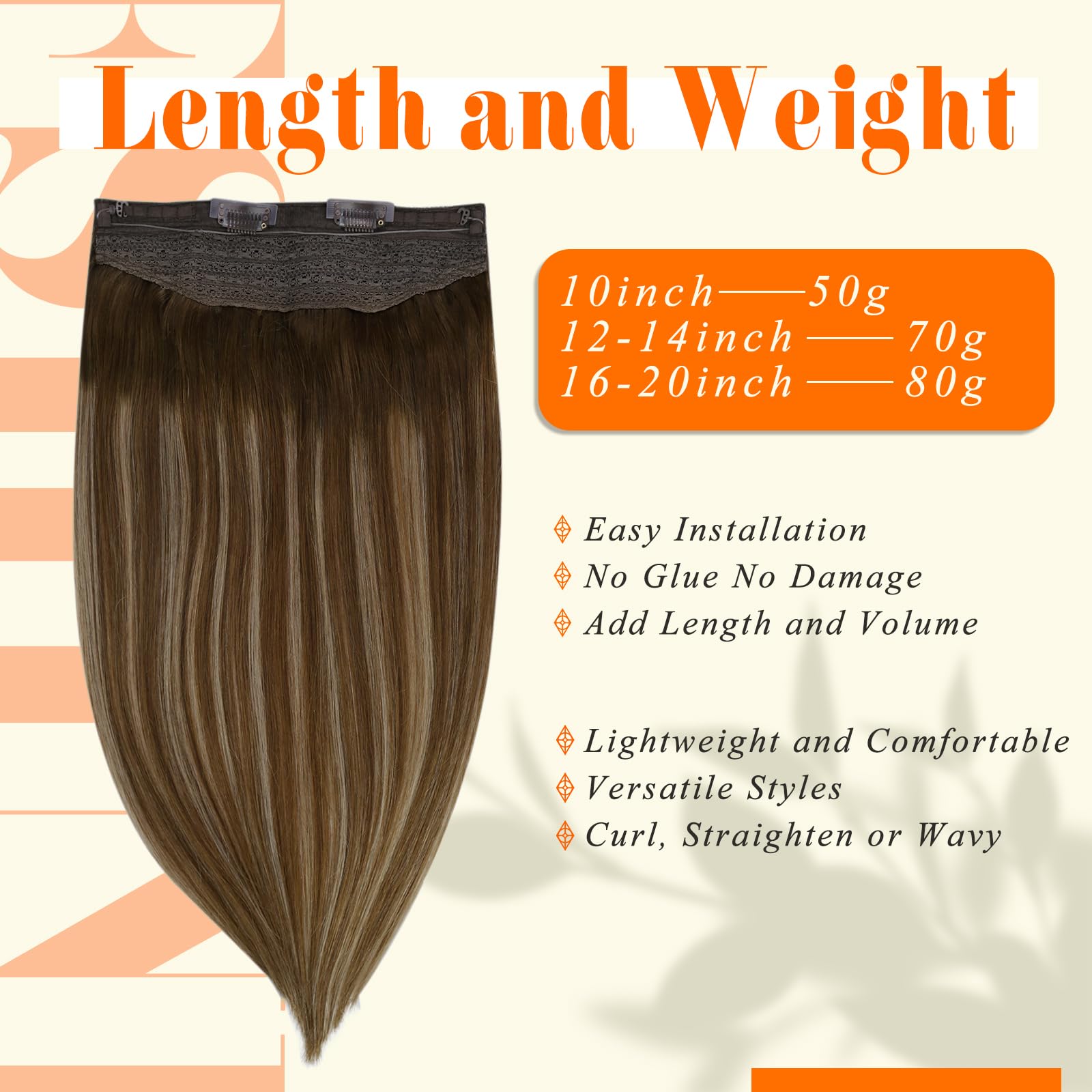 Fshine Invisible Hair Extensions Human Hair Clip in Headband 16Inch Hidden Wire Crown Extensions Real Human Hair Balayage Dark Brown to Blonde 80Gram Crown Hair Pieces for Women with Thinning Hair