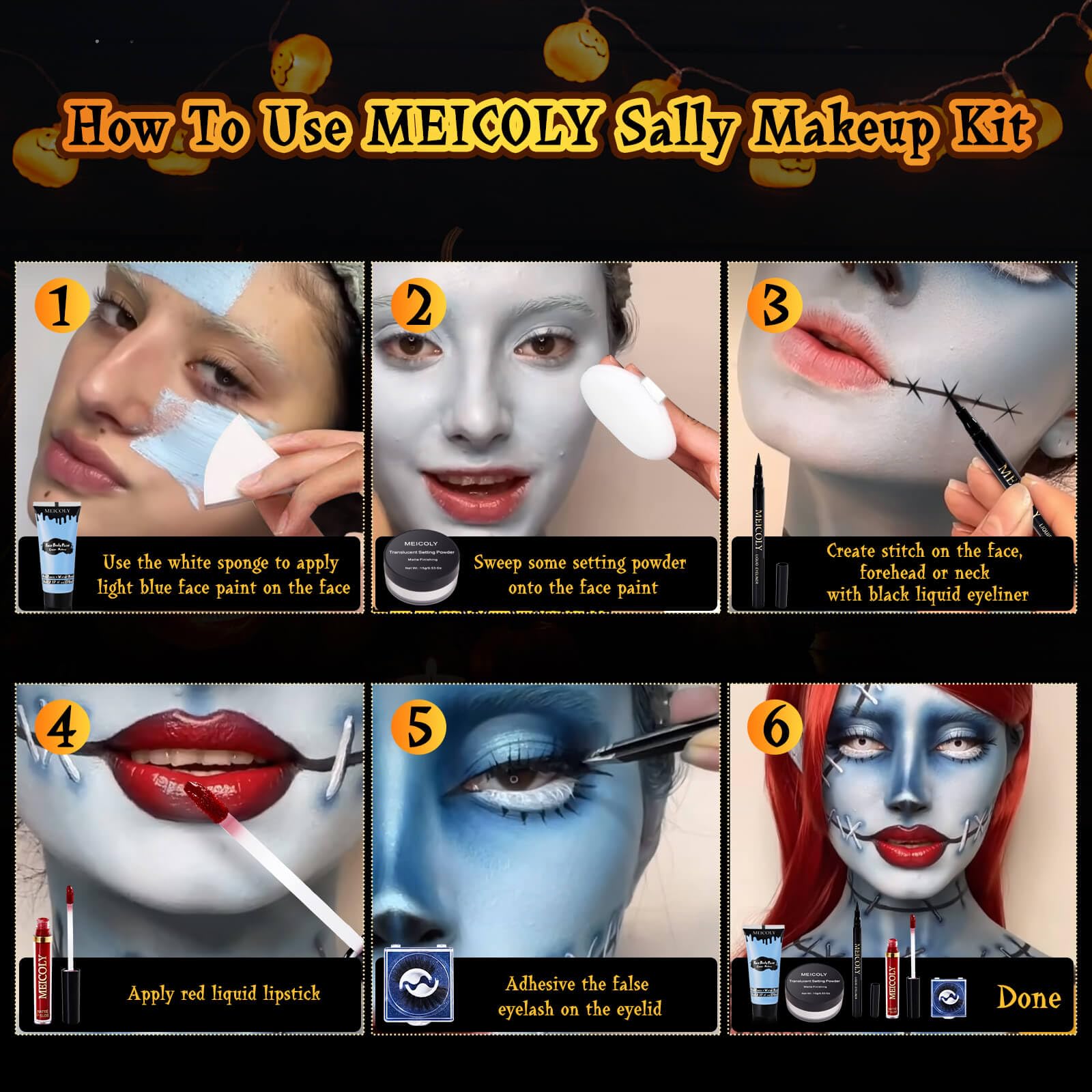 MEICOLY Sally Makeup Kit,Professional Sally Costume Corpse Bride Makeup,Light Blue Face Paint and Setting Powder Halloween Makeup Kit,Sally Face Cosplay,Liquid Eyeliner+False Eyelash+Lipstick+Sponges
